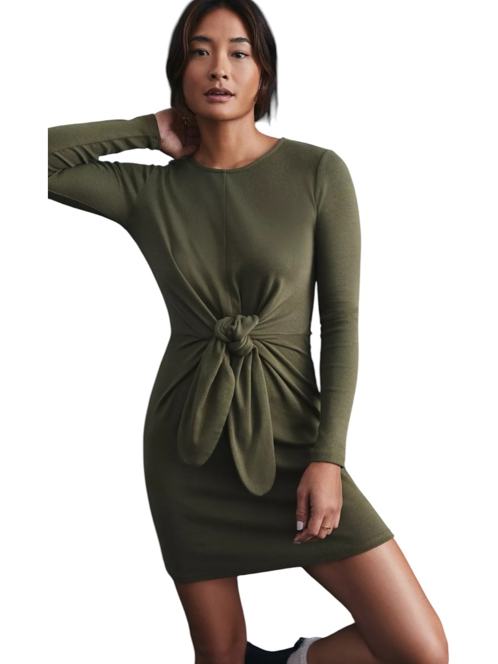 ANTHROPOLOGIE DAILY PRACTICE Front Tie Long Sleeve Mini Dress Olive Green S